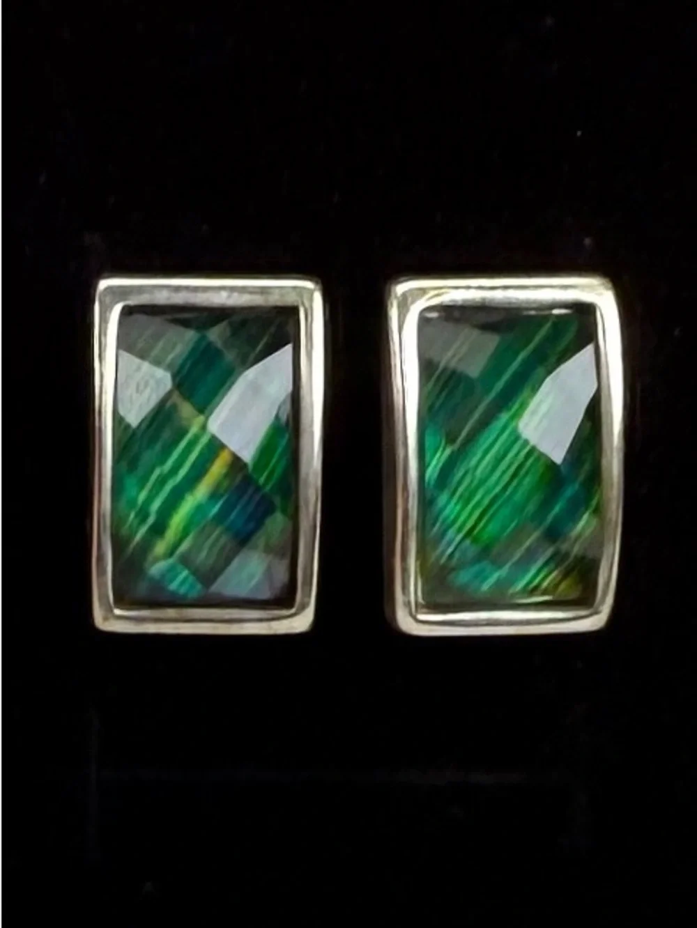 Vintage Aged Silvertone Green Stud Pierced Earrings